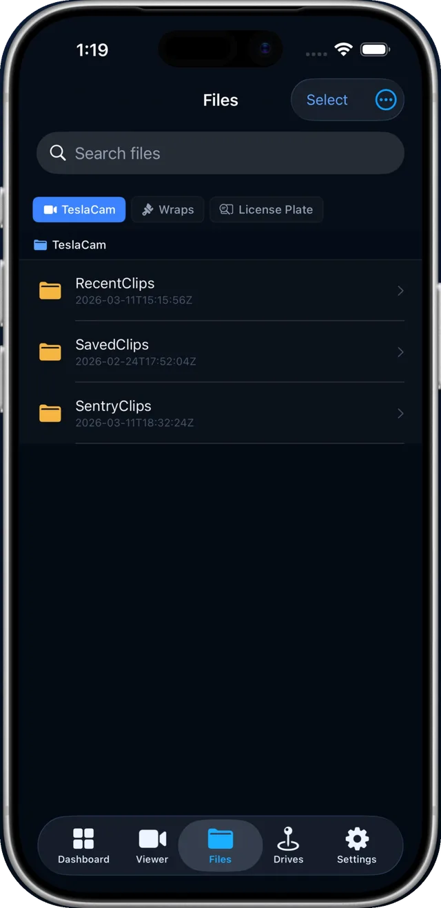 Sentry Connect file browser showing TeslaCam folders on the Pi