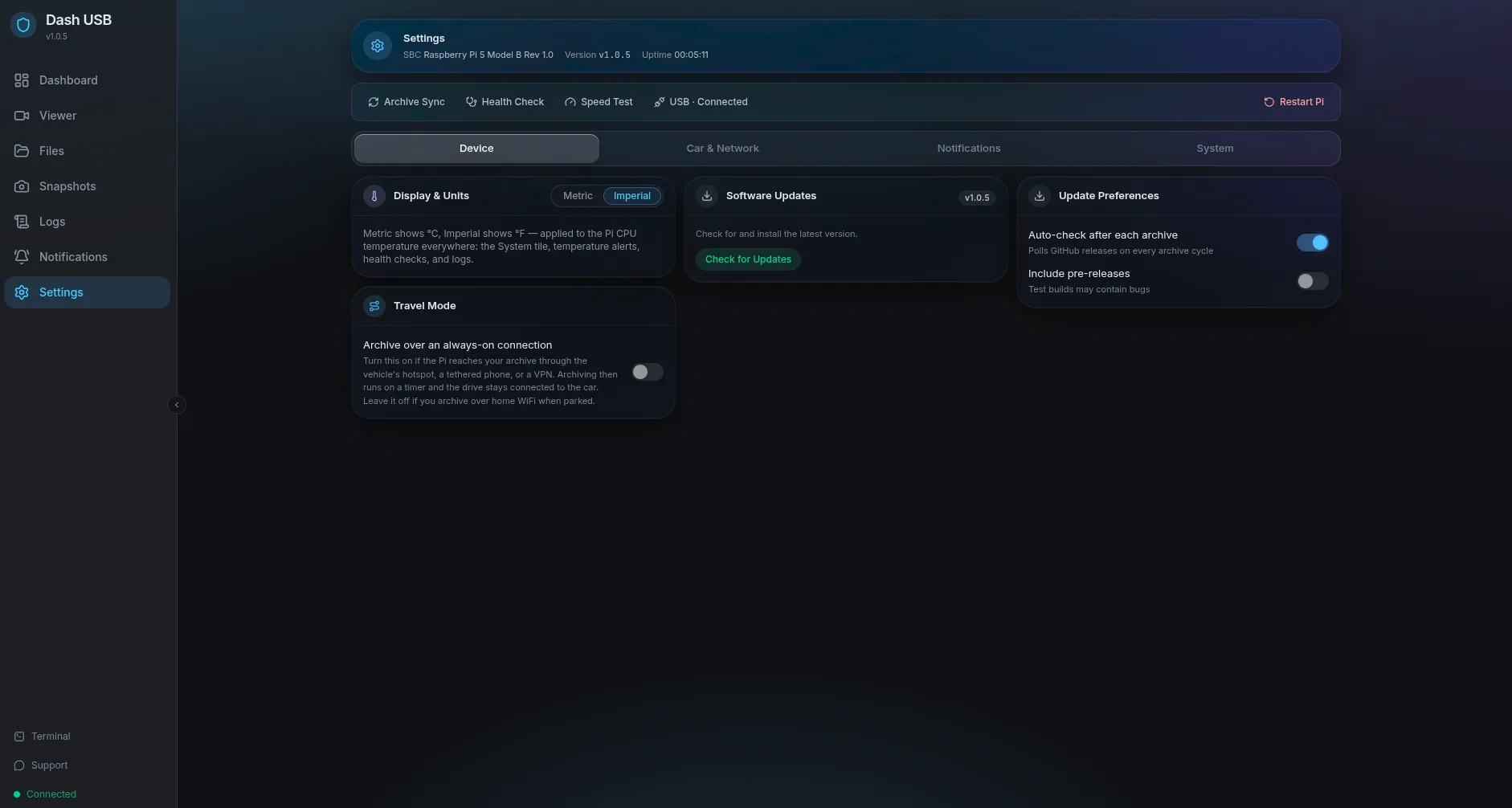 Settings with software updates and Travel Mode