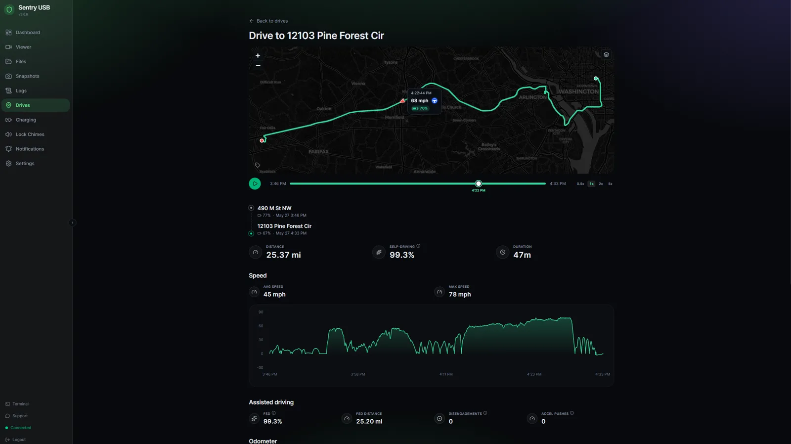 Drive detail with route map, battery deltas, and FSD usage